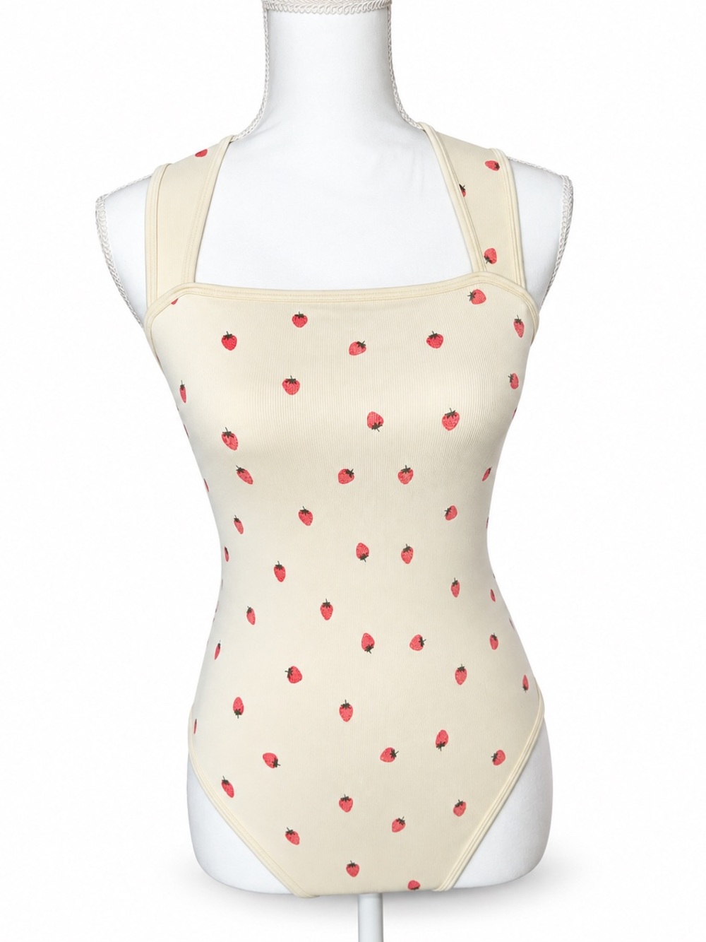 Cream Strawberry-Print Ribbed Square-Neck Bodysuit - Women